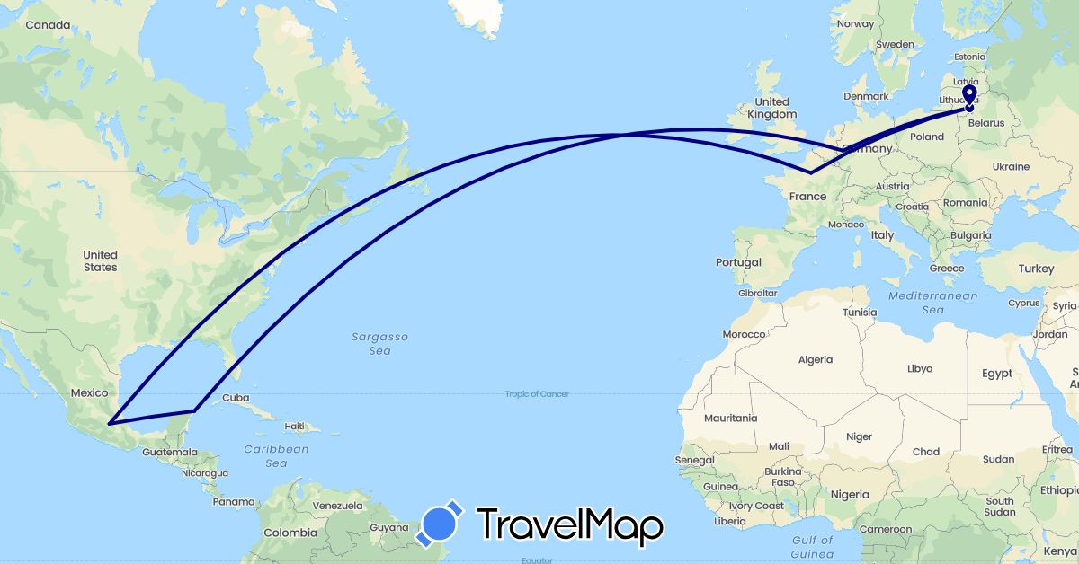 TravelMap itinerary: driving in Germany, France, Lithuania, Mexico, United States (Europe, North America)